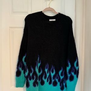 flaming blue sweater.